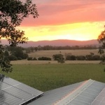 Sleek black solar panels in front of sunset sky